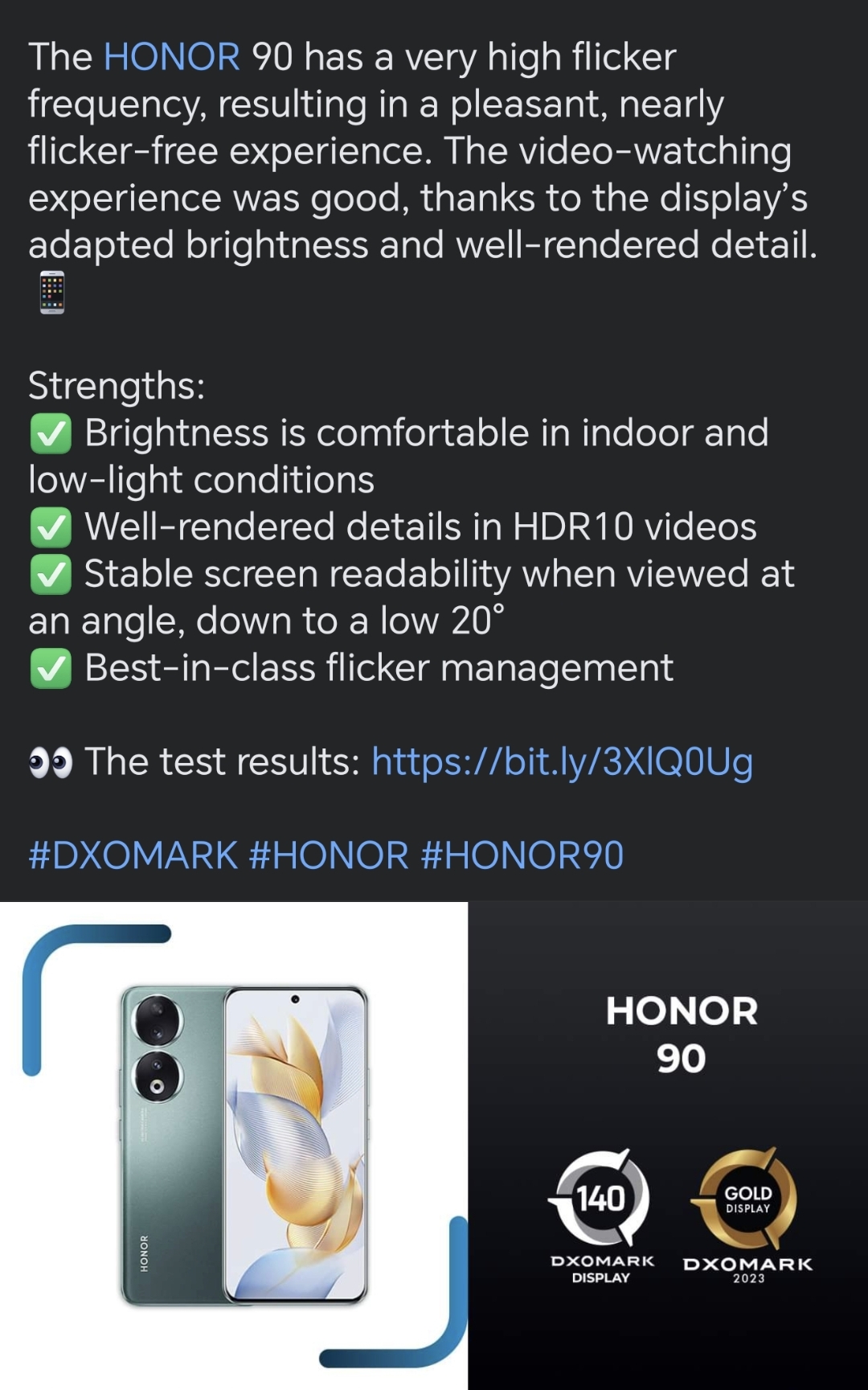 Honor 90 Display test - DXOMARK
